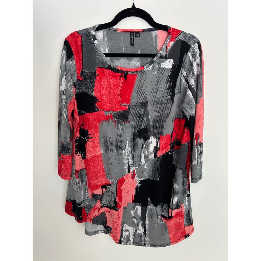 Venini Womens Red Grey Black Abstract Brushstroke 3/4 Sleeve Tunic Top Large